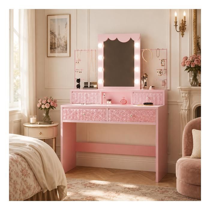 Coiffeuse Rose avec Miroir 8 ampoules 3 Modes D’Éclairage 4 Tiroirs en tissu à texture rose étagère à bijoux amovible
