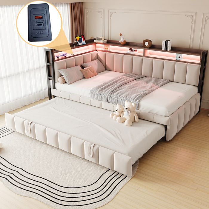 HOMVRA Lit de jour 90x200 cm avec lit gigogne LED réglable rangements USB et Type-C velours beige