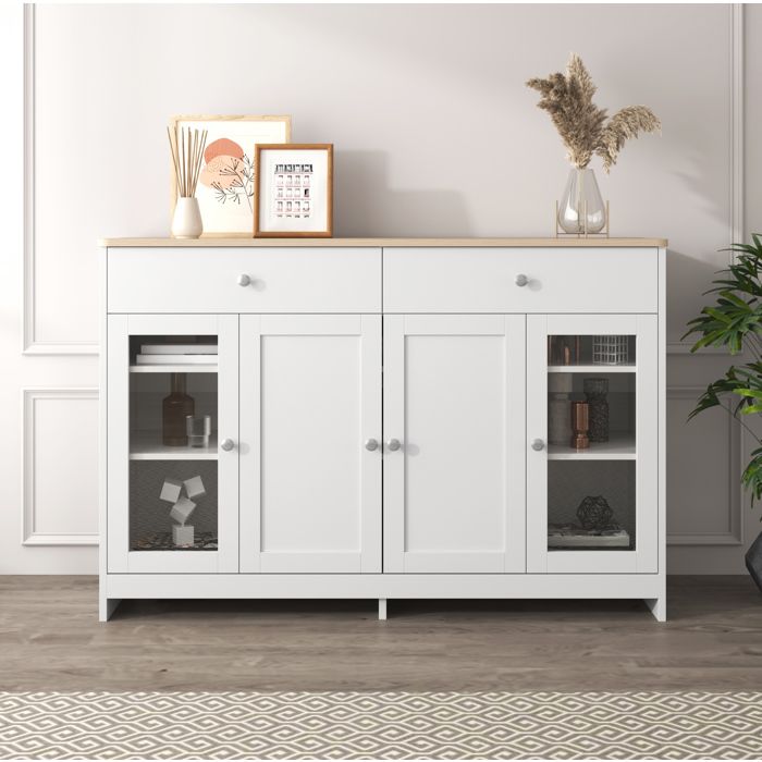 Buffet bas 120 cm sideboard 2 tiroirs 4 portes avec étagères réglables blanc et bois style campagne ORVRYN