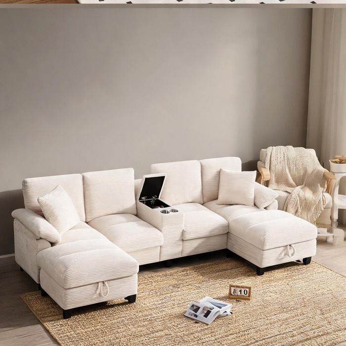Canapé dangle U 4-5 places en corduroy warm beige avec rangements cachés 2 ports USB et porte-gobelets inox 293 x 142 x 93 cm