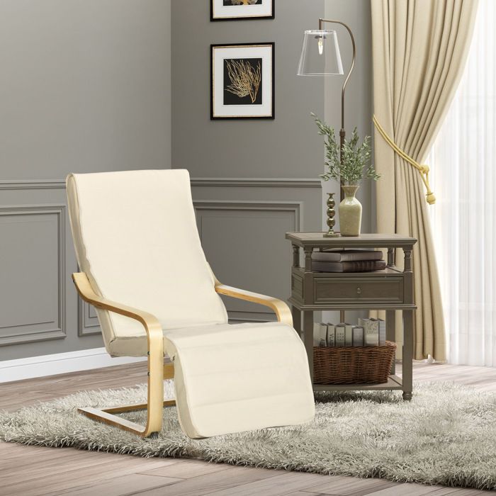 Fauteuil Relax avec Repose-Pieds Réglable 5 Positions - YEAVIO - Structure en Bois de Bouleau Blanc Crème
