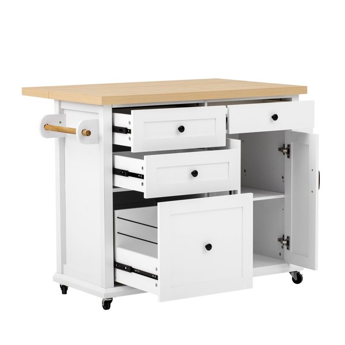 ELVORIN Îlot central mobile de cuisine 107 x 45-70 x 905 cm MDF plan de travail extensible 3 tiroirs 2 portes
