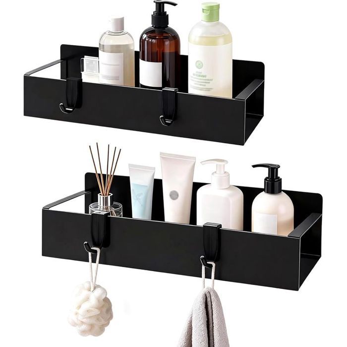 2 Pièces étagère de Douche Acier Inoxydable Noir Antirouille Avec Crochets Pour Salle de Bain
