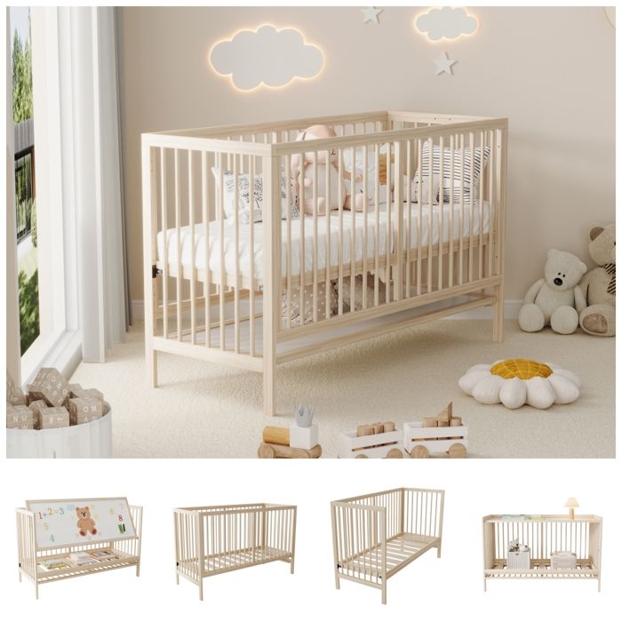 Lit enfant bois pin naturel 140x60x90cm multifonction convertible réglable en hauteur sans matelas
