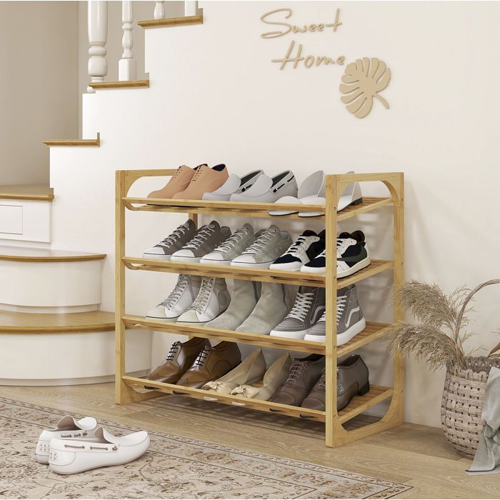 Meuble à chaussures bambou naturel 76 x 33 x 67 cm 4 niveaux 12 paires rangement ouvert montage à effectuer
