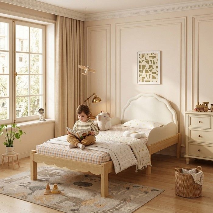 Lit enfant capitonné beige - BLACKCOLOR - 90 x 200 cm - Barrières latérales de sécurité - Tête de lit en PU