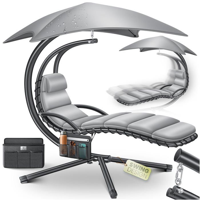 Chaise longue suspendue grise avec parasol - KESSER - 200 x 100 x 200 cm - Surface de couchage 200 x 79 cm Chaise longue suspendue grise avec parasol - KESSER - 200 x 100 x 200 cm - Surface de couchage 200 x 79 cm