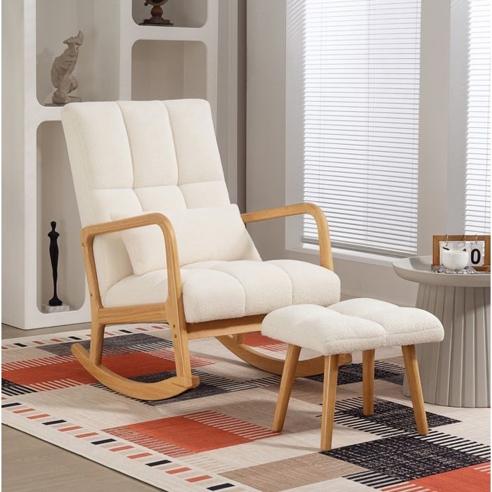 Fauteuil à bascule avec repose-pieds dossier haut accoudoirs revêtement polaire bois de caoutchouc blanc