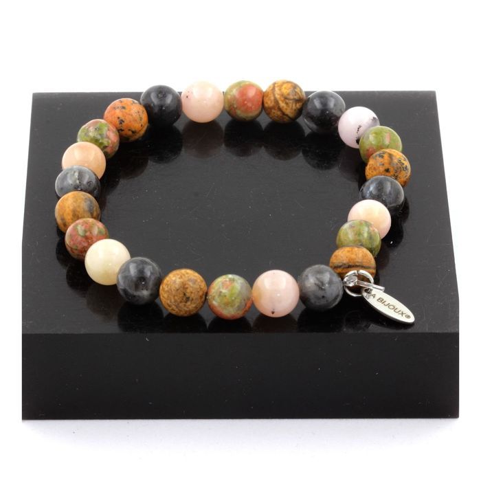 Pierres et Minéraux. Bracelet Perles Labradorite + Opale Rose + Jaspe Paysage + Unakite 8 Fabriqué en France.