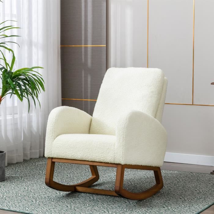 fauteuil à bascule rocking chair tissu en velours canapé décoratif style vintage cadre en bois massif, blanc, 69x94x101cm