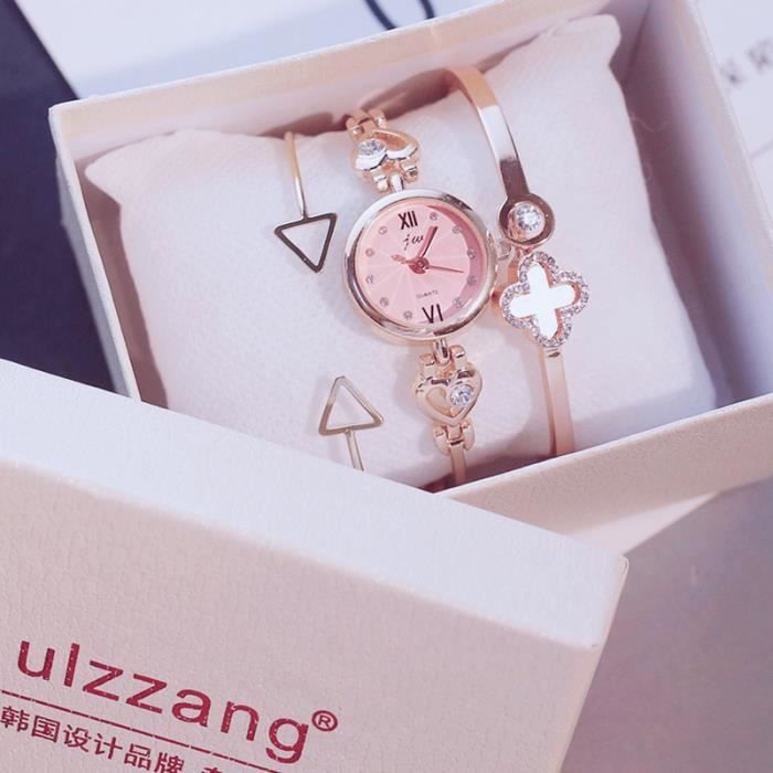 3 pcs/set Coffret Cadeau Montre à quartz Fille Jeune Ado Montre Bracelets  Femmes - Cadeau Femme - Rose