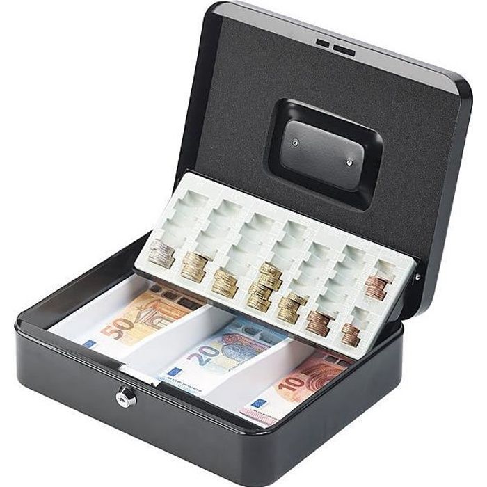 Caisse a monnaie et billets Boîte métallique portable en acier 298 x 239 x  88 mm - Cablematic