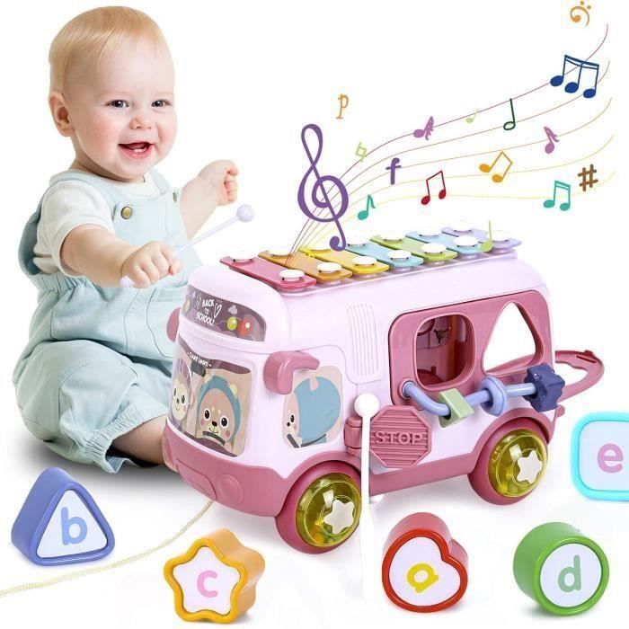 Jouet Musical Bébé,jouet de Bus avec xylophone, Cadeau éducatifs Interactifs pour Petite Enfance,Jouets d'activité Bébé Rampant-Rose