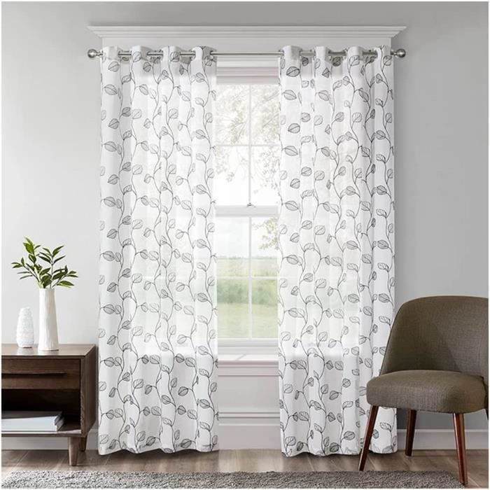 2 Rideaux Voilage Dentelle Blanc 140x145cm - Motif Feuilles Romantique - Pour Salon Ou Chambre - Transparent Et Léger
