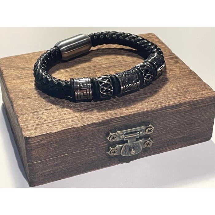 BRACELET VIKING RAGNAR CUIR NOIR SYMBOLES ACIER + BOITE VIKING + POCHETTE