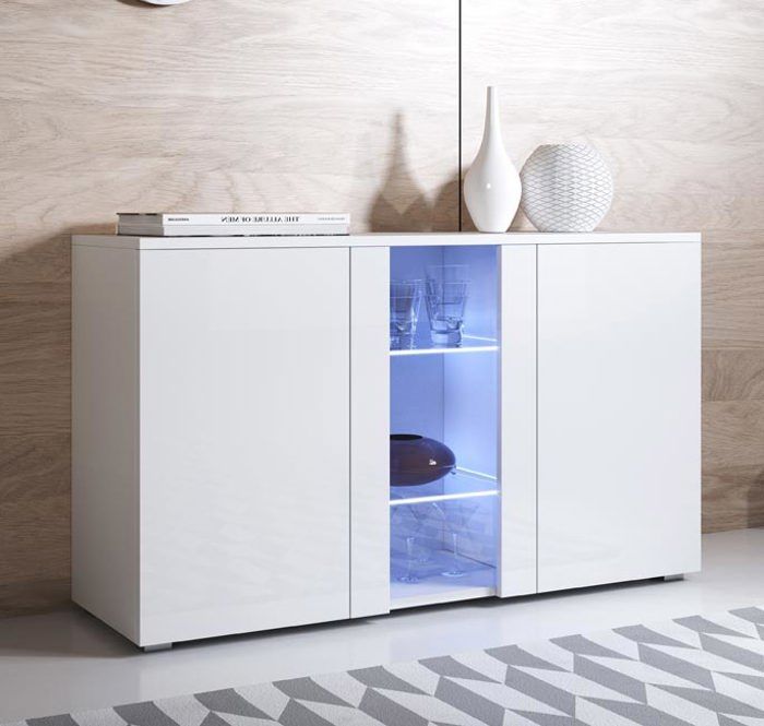 Buffet Bahut 3 portes 2 étagères vitrine LED 120 x 72 x 40 cm Couleur Blanc Finition Brillante Rangement LUKE A1