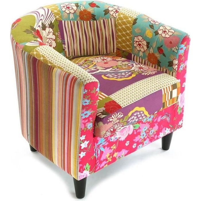 fauteuil confortable en coton et bois - rose - versa - style patchwork - 56 x 62 x 64 cm