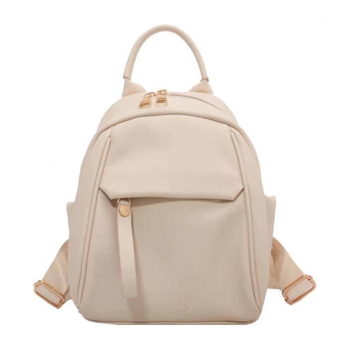 Sac à dos beige - Sac à dos en cuir de couleur unie pour femmes et adolescentes, de bonne qualité, étanche, d