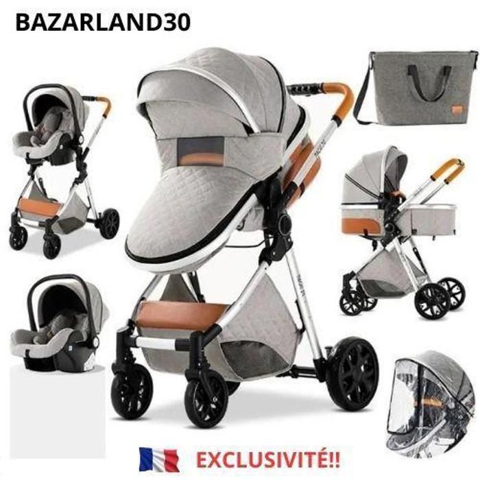 BAZARLAND30 Poussette 3 en 1 Bébé Combinée Siège-Auto Nacelle Trio  Réversible Haute Qualité Roues increvables Canne.light grey