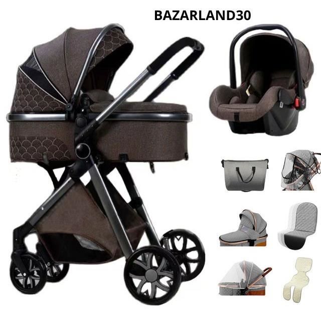 BAZARLAND30 Poussette 3 en 1 Bébé Combinée Siège-Auto Nacelle Trio Réversible Réglable Haute Qualité Roues increvables.chocolat