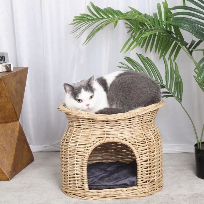 Meilleurs prix pour Panier Niche Chat en Rotin Panier Chat Osier Intérieur Corbeille Chat avec Tapis - 41x33.5cm