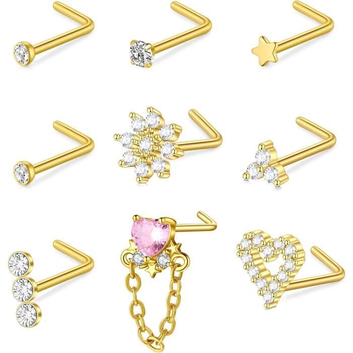 Lot De 9 Anneaux De Piercing Pour Nez 20G (0,8mm) En Acier Chirurgical - Forme L - VF VFUN
