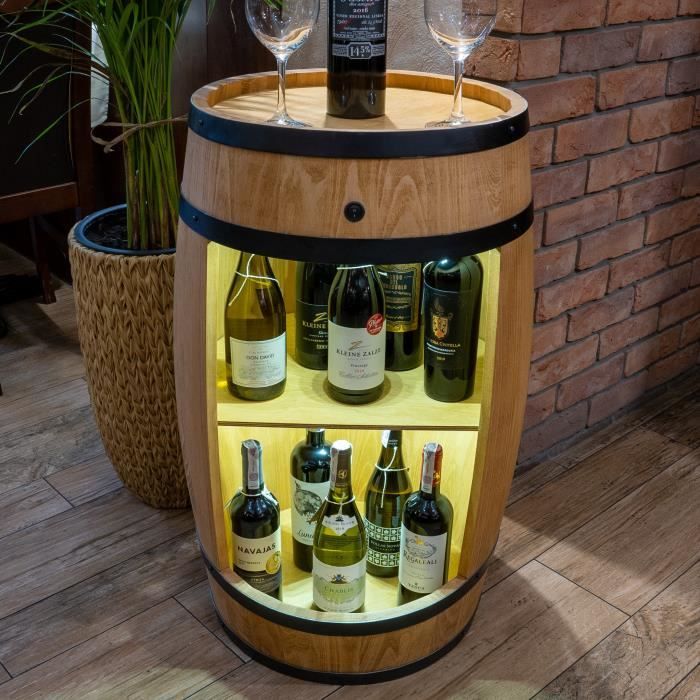 Tonneau en Bois - Creative Cooper - 80cm - Éclairage LED - Rangement Bouteilles - Chêne