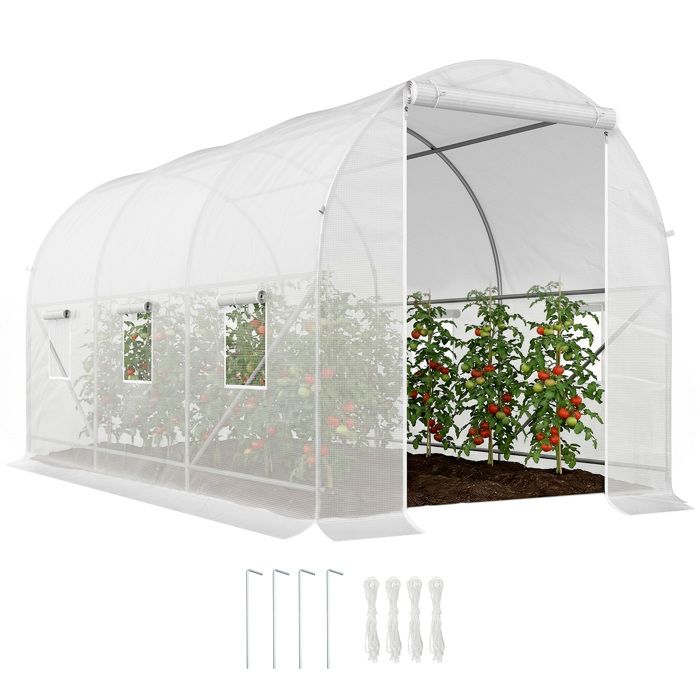 Serre tunnel de jardin - Outsunny - 7m² -350x200x200 cm - porte 6 fenêtres - cadre en métal bâche PE haute densité 140 g/m² - blanc