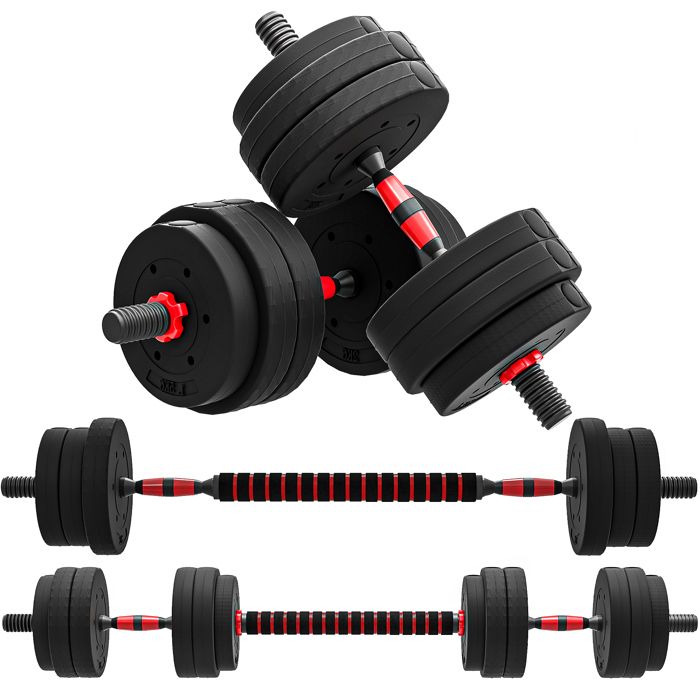 Kit haltères musculation - HOMCOM - 2-en-1 lot de 2 poids 25 kg réglable entraînement - HDPE - noir rouge