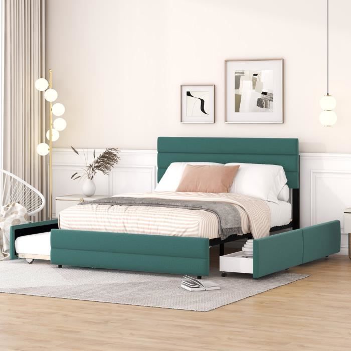 misnode lit plateforme 140 x 200 avec machine à brocher pour deux personnes et deux tiroirs, vert
