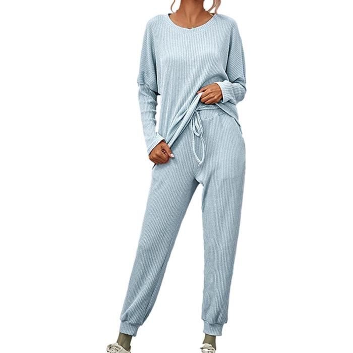 PYJAMA - CHEMISE DE NUIT Pyjama Femmes Vêtement de Nuit Manche Longue  Vêtement d'Intérieur Doux à Porter et Confortable Bleu ciel