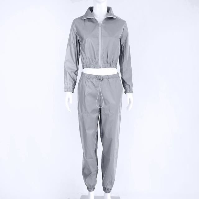 Zencart Femmes Survetements 2 Pieces Ensemble Reflechissant Zip Haut Court Pantalon Coupe vent Mode Femme Ample Lueur Veste Mant Beige gray suit Cdiscount Pret a Porter