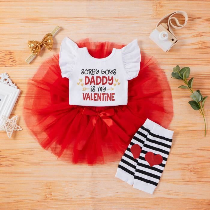 Infantile Filles Saint Valentin Manches Mouche Coeurs Imprime