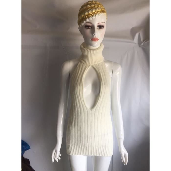 PULL AIUJXK pull a col roule pour femme vetement sans manches Sexy tricote dos nu nouvelle collection automne Type white Blanc Cdiscount Pret a Porter