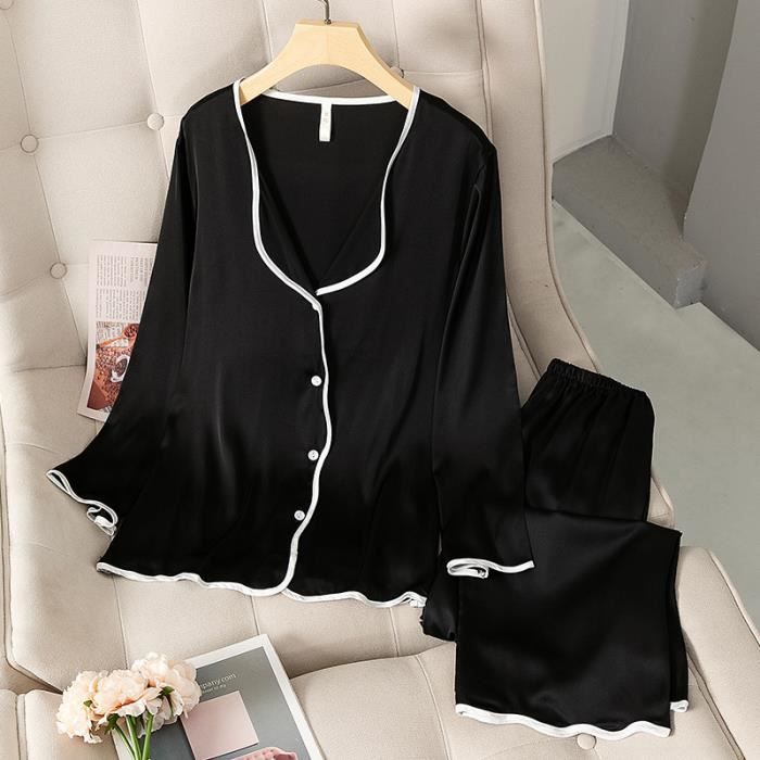 Pyjama en soie long,Pyjama en Satin de soie glacée pour femmes ...