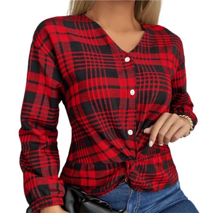 CHEMISIER BLOUSE LIQUETTE Chemise femme a carreaux col en V automne hiver vintage boutons style Red Red Cdiscount Pret a Porter
