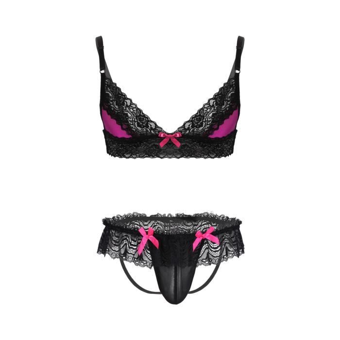 YIZYIF Ensemble Lingerie Sissy Homme Sexy Dentelle Soutien gorge G string Ouvert Fesse Nue M XL Type B Noir Cdiscount Pret a Porter