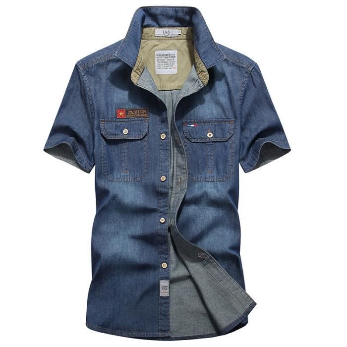 Chemise en Jeans Homme Manches Courtes en Coton Casual Chemisette Ete Avec Poche Couleur Unie Bleu fonce Cdiscount Pret a Porter