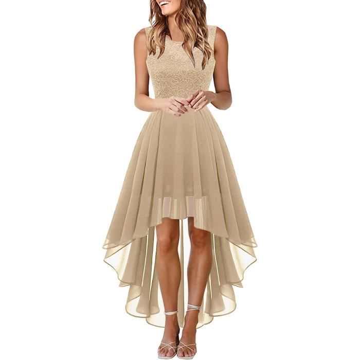 Femme Robe de Cocktail Soir e Up en Dentelle Mousseline Jupe High Low sans Manche avec Ceinture Kaki