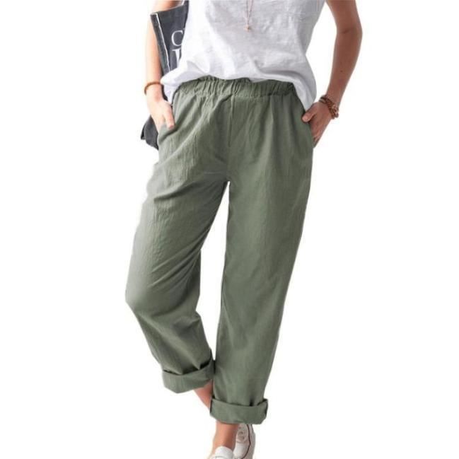 Femme Pantalon Lin Carotte Casual Taille elastique Pantalon Chino