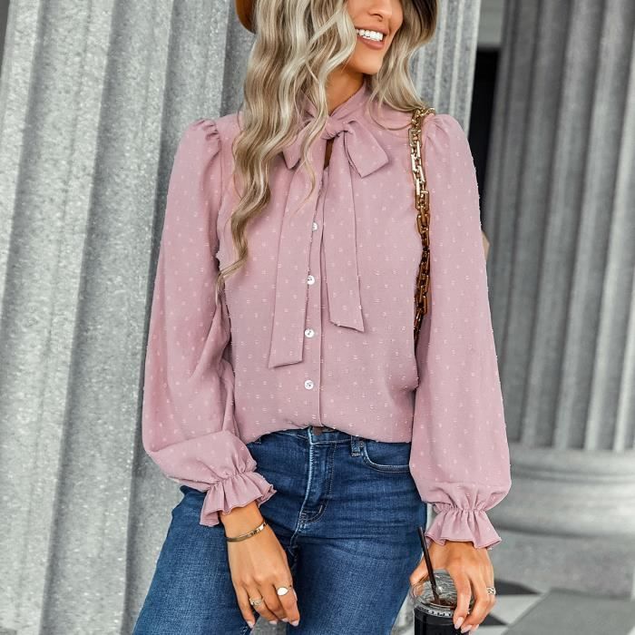Tbest Chemisier manches longues Chemisier Bouffant Manches Longues Poignet lastique Noeud Papillon Simple Boutonnage l gant