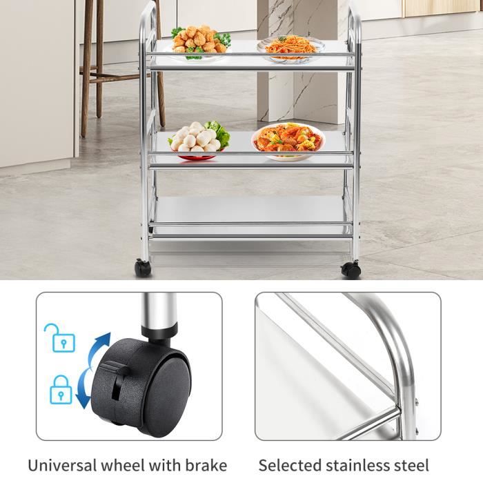 Desserte Cuisine - WILLONIN - Chariot de Service - 3 Étagères - Acier Inoxydable - Roulant