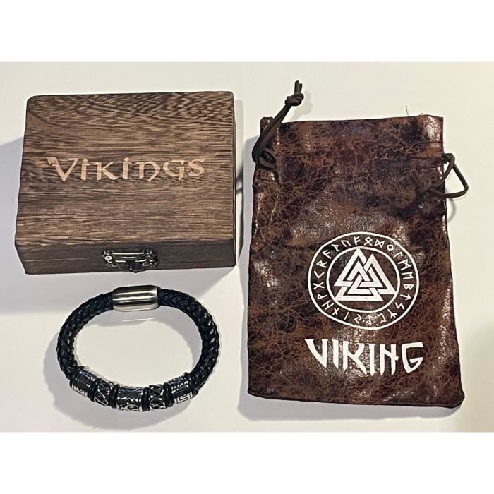 Bracelet Viking Ragnar En Cuir Noir Et Chaîne Acier - Avec Boîte Et Pochette - Neuf