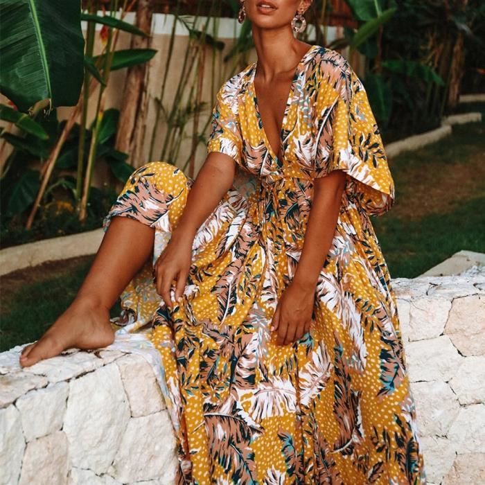 Robe Robe longue femmes decontracte Bikini a fleurs couvrir robe en mousseline de soie robes de soiree col en V robe a Type AX415 Blanc Cdiscount Pret a Porter