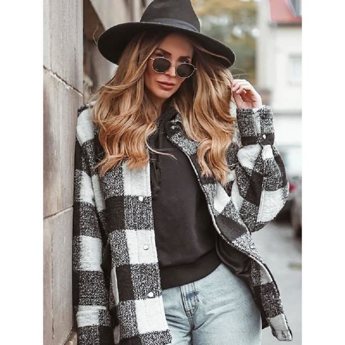 Manteau Veste en laine Vintage a carreaux pour femme manteau a col rabattu epais elegant a la mode automne Blanc Cdiscount Pret a Porter