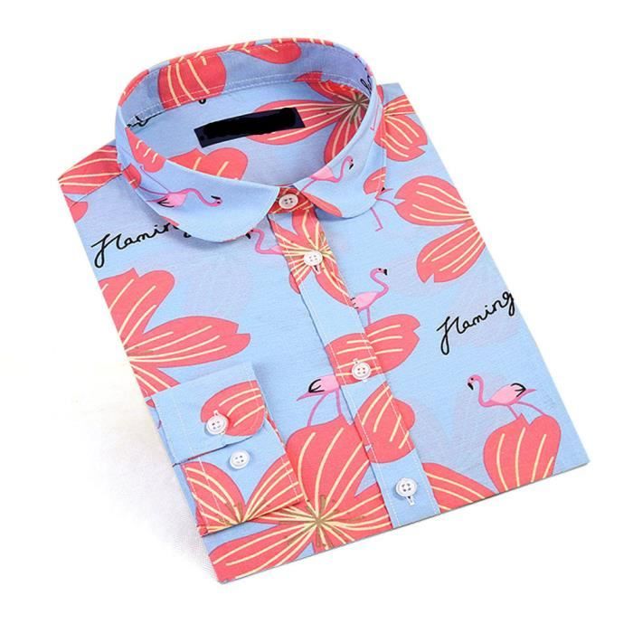 Chemise Chemisier a manches longues pour femmes imprime Floral flamant rose bureau decontracte boutonne Navy Flamingo Blanc Cdiscount Pret a Porter