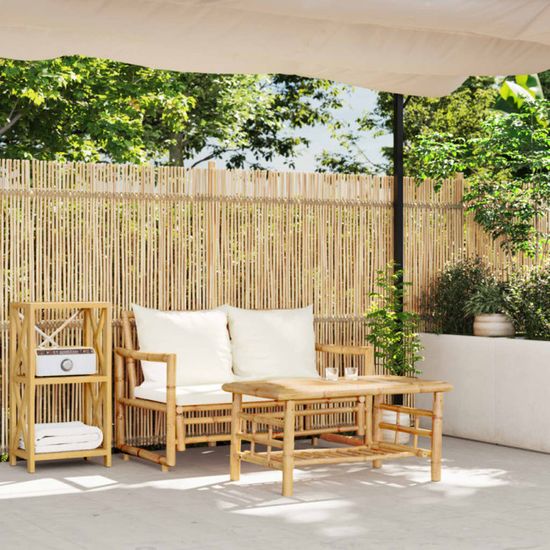 Salon De Jardin En Bambou 2 Places Avec Coussins Taupe - Canapé, Table Basse, Modulable - 7