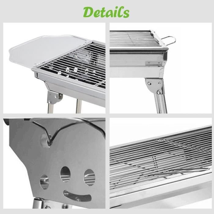 Barbecue Charbon XXL Inox - 73x33.5x70cm - Pliable - Grille Acier - Pour 5-10 Personnes