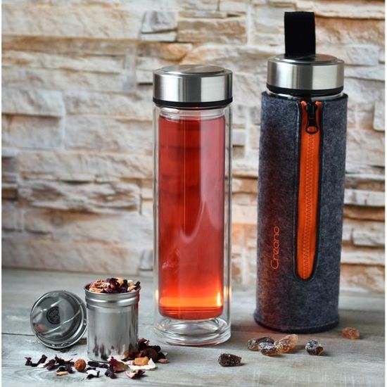 Creano Bouteille de Thé Thermo-Teamaker Exclusive à Double Paroi avec Passoire et Couvercle en Acier Inoxydable dans un Noble Sachet en Feutre dans une Boîte Cadeau de haute Qualité Rose 400ml