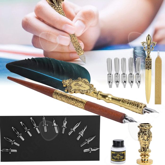 Set Stylo Plume D’Oie Rétro Calligraphie – 5 Pointes, Encre, Papier Lettres & Enveloppes, Coffret Cadeau Élégant